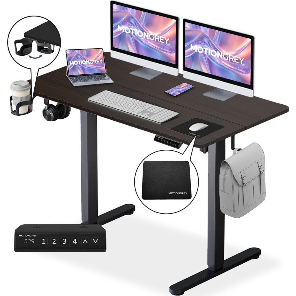 MotionGrey - Ergo2 Adjustable Electric Standing Desk with Memory Settings - 43" x 24" Black Top Black Frame - Ergonomic Desk for Home and Office