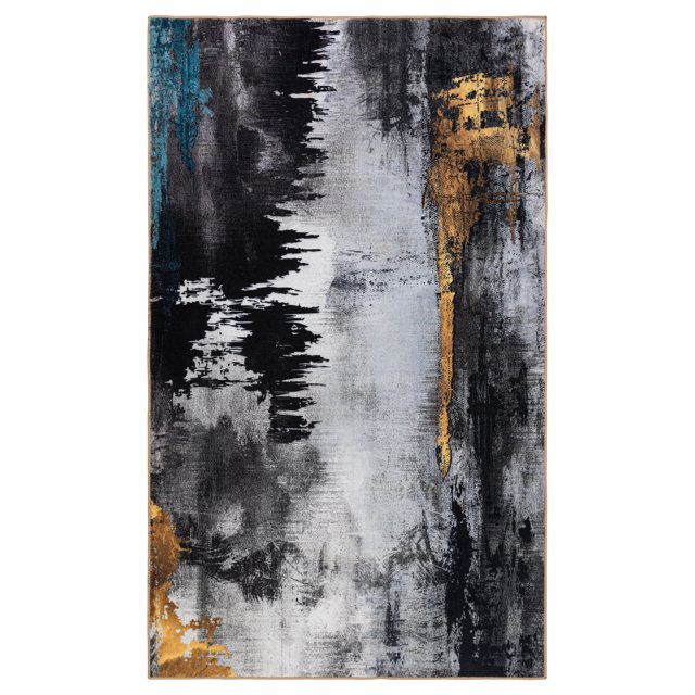 JML Area Rug 5'x7' Concerto Rustic Non-Slip Indoor Carpet Black & Gold & Grey Foldable Rugs for Living Room Bedroom Office Home Decor