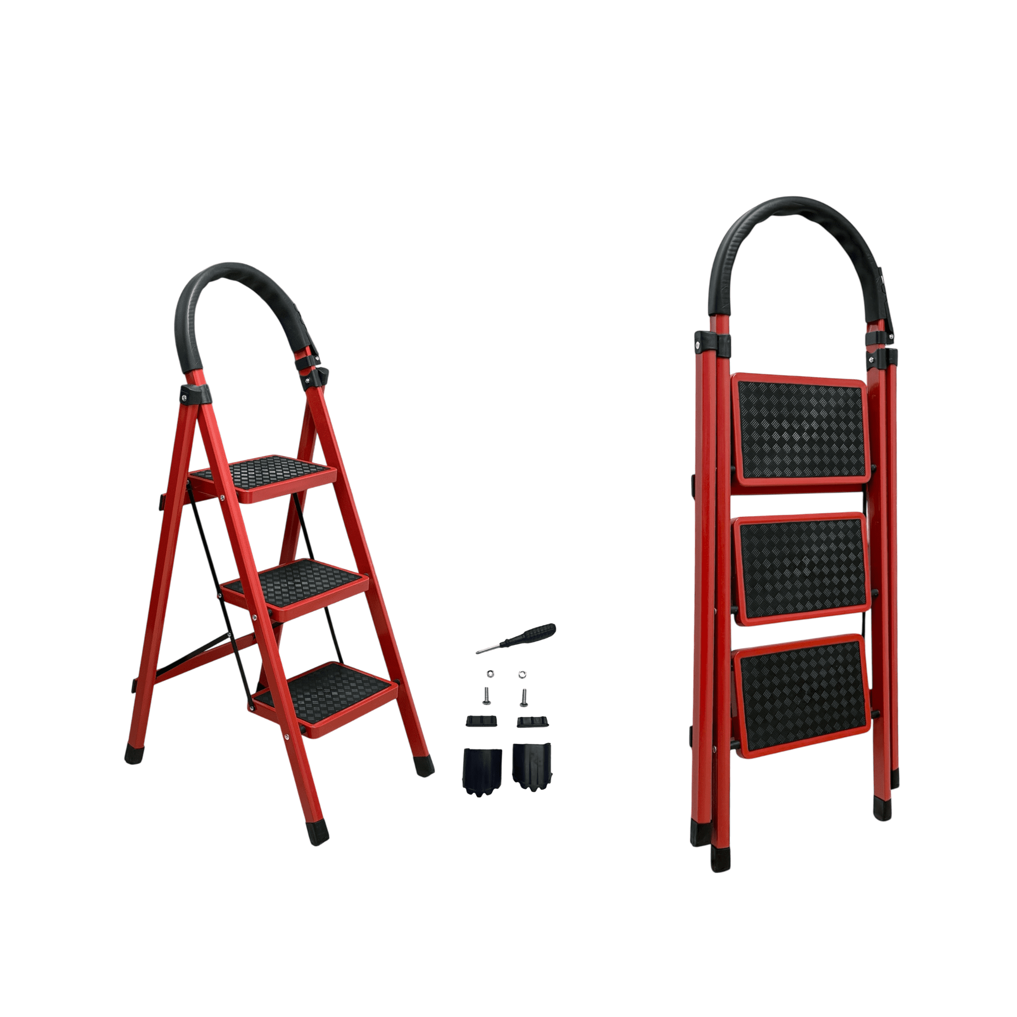 Joie-Ciel 3-Step Folding Ladder with Handgrip, Wide Non-Slip Steps, 500 lbs Capacity, Red
