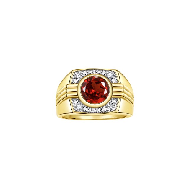 RYLOS Mens Rings 14K Yellow Gold Designer Round Gemstone & Sparkling Diamond Ring Garnet January Birthstone Rings For Men, Men's Rings, Gold Rings Sizes 8 - 13