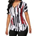 thumbnail image 2 of T-shirt pour Femme à Col en V, Haut à Rayures à Manches Courtes, Blouse Ajustée à Fermeture Éclair, Rouge, 3TG, 2 of 5