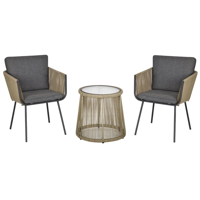 Outsunny 3 Pieces Wicker Patio Furniture Set, a modern bistro set with two wing-shaped chairs featuring grey cushions and a round table with a tempered glass top. The steel frame is wrapped in khaki PE wicker with a webbed design, ideal for small outdoor spaces like patios, porches, and poolside areas.