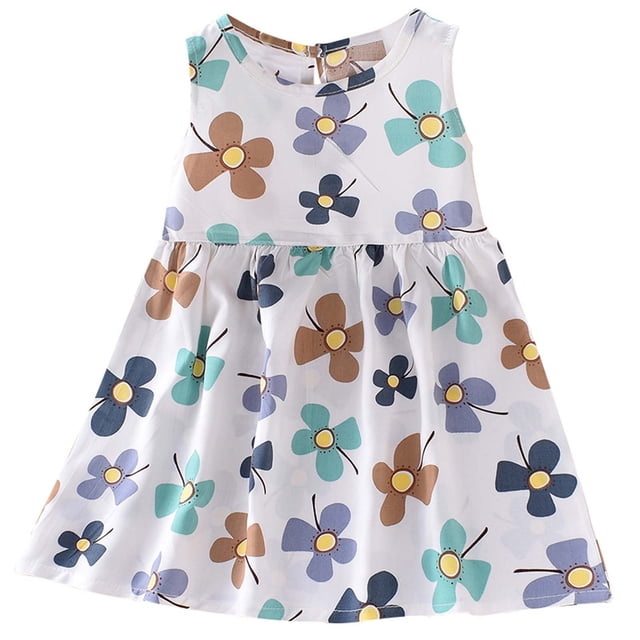 yoeyez Robes pour Filles 14-16 Ans Tout-Petit Enfant Bébé Filles Sans Manches Imprimé Graphique Débardeur Robe d'Été Plissée Ample Col Rond Robe Soleil Robe Décontractée pour Filles Blanc, 3-4 Ans