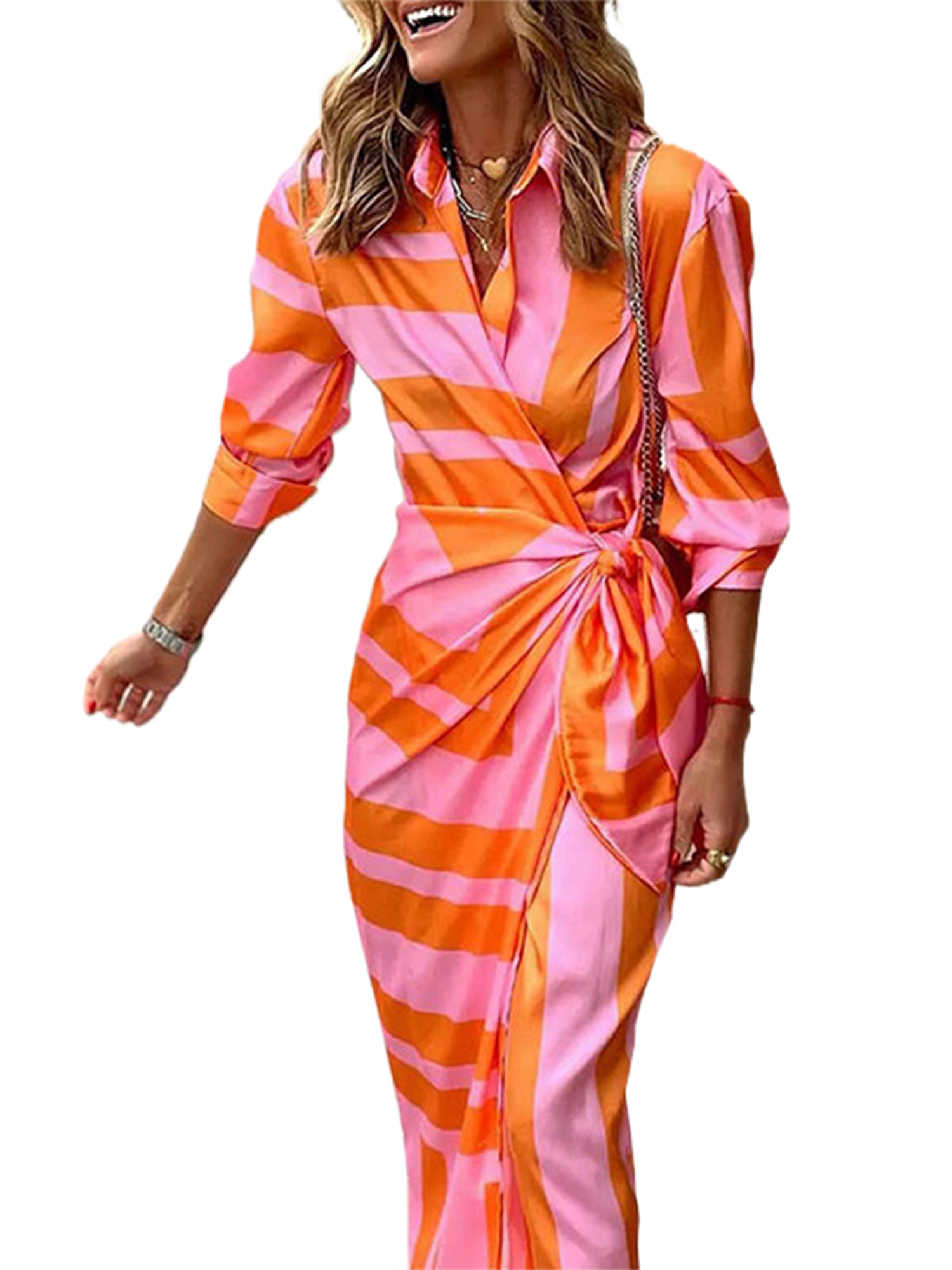 Sexy Dance Robes pour Femmes Imprimé Floral Été Plage Robe d'Été Géométrique Longue Robe Col en V Manche 8 Orange 3TG