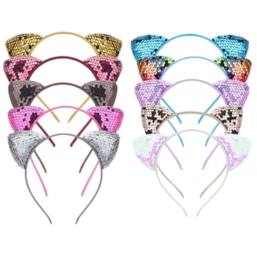 AROGEAR 10 Pieces Cat Ears Headbands Sequins Kitty Cats Crown Fluffy Hair Hoop Hair Accessories for Women Girls Daily Life and Party Supplies