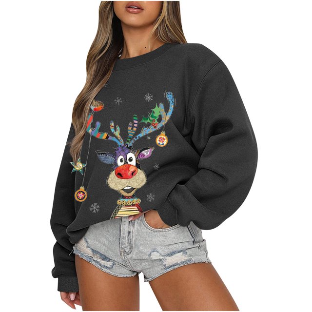 Noël Chandail en Molleton Noël Mode Femme Décontractée Manches Longues Col Rond Imprimé Dames Chandail en Molleton Hauts Blouse Filles Chandail en Molleton sur Clearance