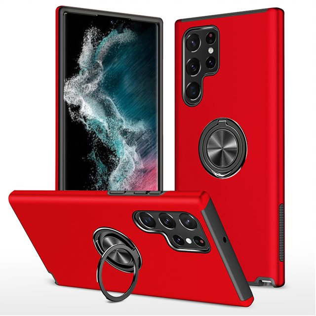 Samsung Galaxy S23 Ultra Ring Case in a vibrant red color, featuring a hybrid magnetic kickstand and an invisible ring stand. The case has a double-layer structure with reinforced corners for military-grade shockproof protection. It includes a 360° rotatable and 180° adjustable kickstand for hands-free use and a built-in metal magnetic patch for compatibility with magnetic car mounts. The ultra-thin design offers a smooth, skin-friendly grip with anti-fingerprint and anti-scratch resistance.