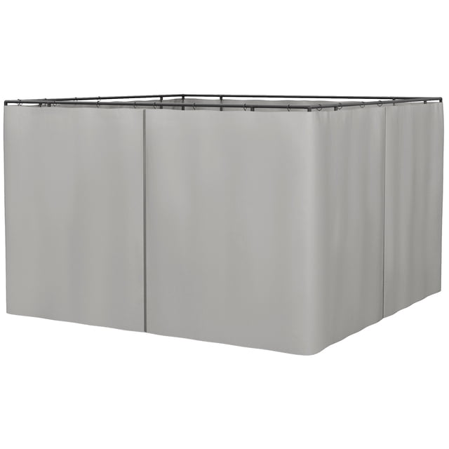 Outsunny 10' x 10' Universal Gazebo Sidewall Set with 4 panels in light grey, designed for soft top gazebos. The durable polyester fabric panels are shown fully installed on a metal frame, featuring velcro straps for easy adhesion and double-sided zippers for convenient access. Includes hooks and C-rings for secure attachment to square or round beams. Suitable for outdoor shade, picnics, or backyard use as a sunshade or wind barrier.