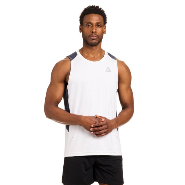 Reebok Débardeur de Performance pour Homme Eclipse à Blocs de Couleur en Blanc avec Empiècements Latéraux en Maille Gris Foncé pour la Circulation d'Air, Encolure Ronde, design Sans Manches et logo Reebok Delta sur la Poitrine, à Porter avec des shorts Athlétiques Noirs, Convient aux Entraînements Intenses et aux Séances d'Été.