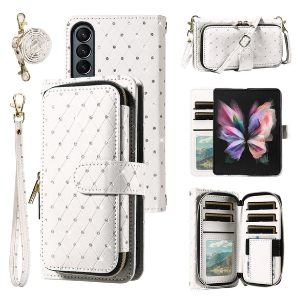 Asuwish Compatible with Samsung Galaxy Z Fold 4 5G 2022 Wallet Phone Case and Bling Glitter Crossbody Lanyard Strap Flip Zipper Purse Card Holder Cell Cover for ZFold4 Z4 Fold4 4Z Fo4 Women Men White