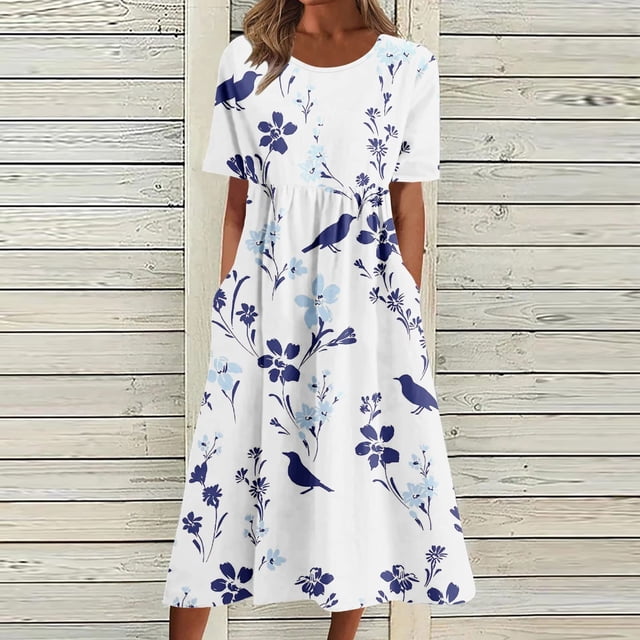 DPTALR Women Summer Printing Causal Round Neck Short Sleeve Vacation Pockets Dress