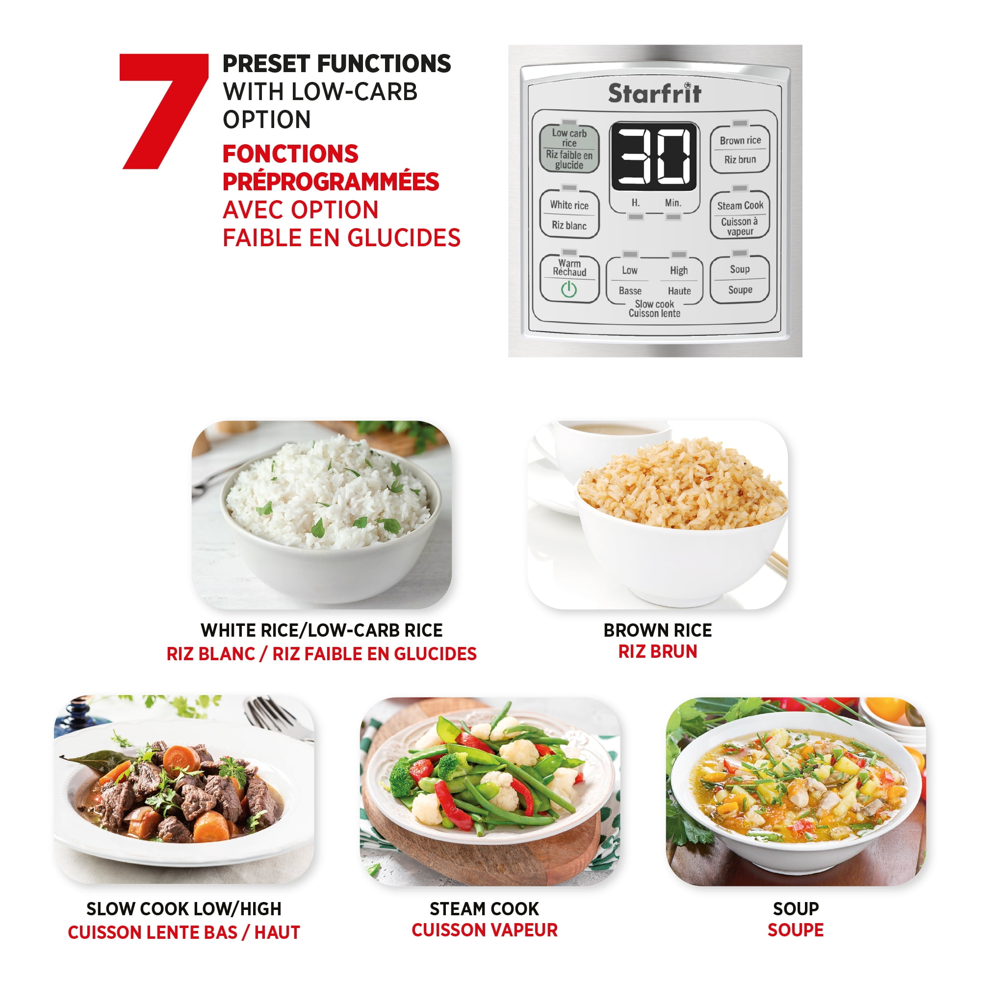 Starfrit Cuiseur À Riz Faible En Glucides 14 Tasses, Réduit Les Glucides, 7 Fonctions, Panier Vapeur, Marmite Antiadhésive, Facile À Nettoyer, Cuisine Saine Riz Brun Blanc Soupe
