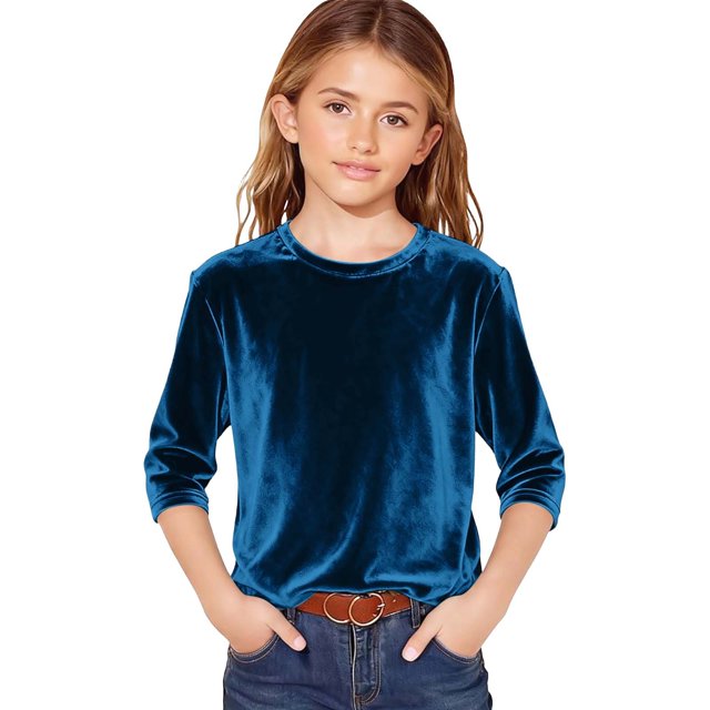AWZXDE T-Shirt en Velours pour Filles à Manches 3/4, Doux, Col Rond, Hauts Décontractés pour Filles, T-Shirt de Base Confortable 3-14 Ans