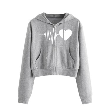Penkiiy Hoodies for Women Women Heartbeat Print Long Sleeve Zipper Pocket Shirt Hooded Sweatshirt Tops Gray Y2K Clothes