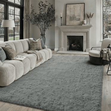 BERTHMEER Tapis Shag de Grande Taille 8'x10 Pieds pour Salon Chambre Salle à Manger Bureau Ferme Moderne Contemporain Peluche Doux Uni Tapis Intérieur Duveteux Moelleux Lavable, Gris Pâle
