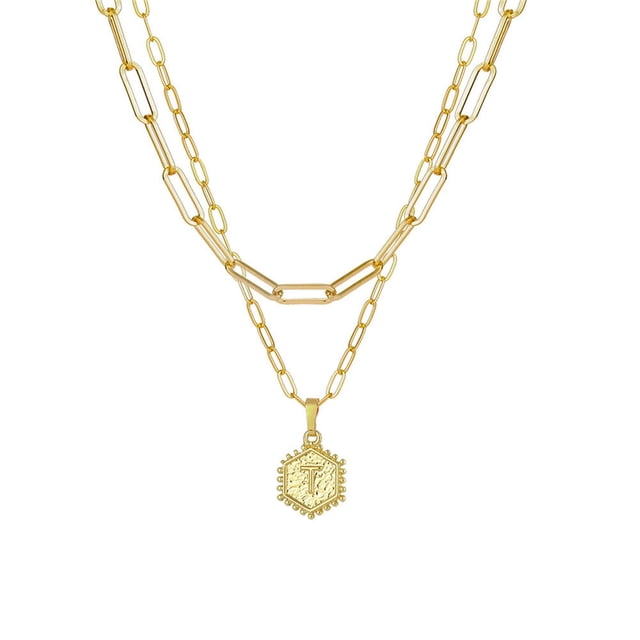PVCS Collier Chaîne Plaqué Or pour Femmes Pendentif Lettre Hexagonale Collier de Superposition