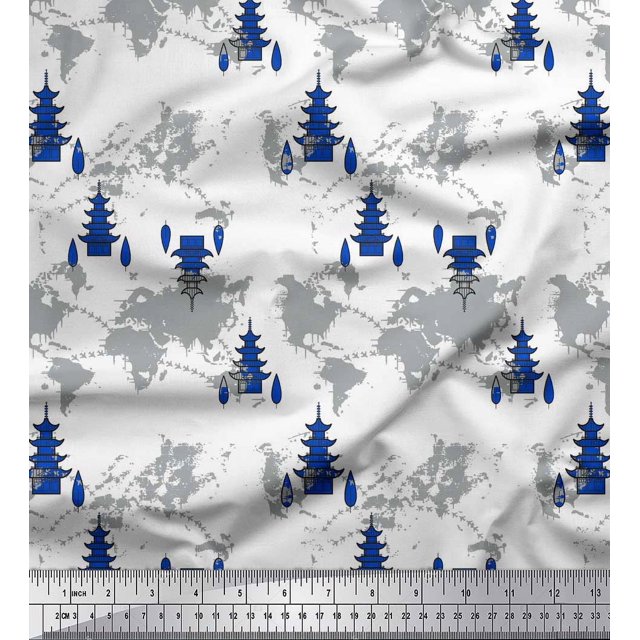 Soimoi Blue Japan Crepe Satin Fabric Tree & World Map Fabric Prints By Yard 42 Inch Wide