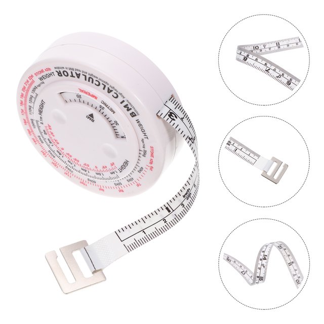Minkissy Retractable Tape Measure Small for Body Measurement, featuring a white PP material casing with a BMI calculator on the surface. The tape is retractable and marked with dual units in centimetres and inches for easy reading. Includes a metal end for secure measurements. Compact and durable, suitable for body measurements, tailoring, and general use.