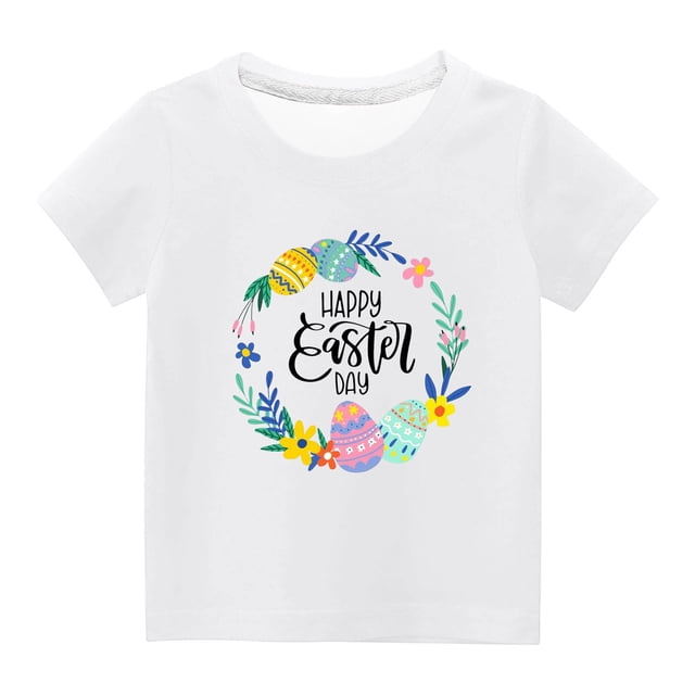 Penkiiy T-Shirts de Pâques pour Enfants Garçons Filles Mode Pâques Mignon Fleur Œufs de Pâques Imprimé Col Rond Manches Courtes 9 Ans Blanc