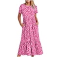 thumbnail image 1 of Pisexur Robes d'Été pour Femmes Col Rond Robe Fluide Plissée Tendance Manches Courtes Mode avec Poche Plage Été Évasée Imprimé Floral 2024 Robes, 1 of 4