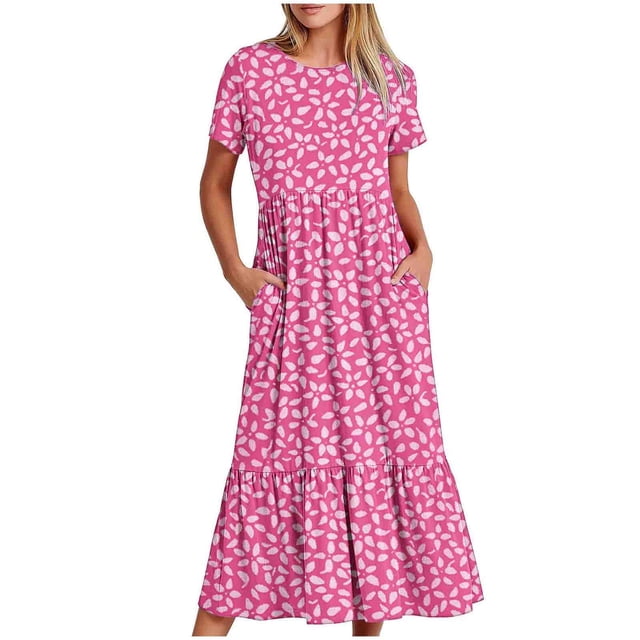 Pisexur Robes d'Été pour Femmes Col Rond Robe Fluide Plissée Tendance Manches Courtes Mode avec Poche Plage Été Évasée Imprimé Floral 2024 Robes