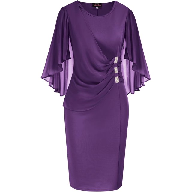 Hanna Nikole Robe à Manches Cape en Mousseline pour Femme, Grande Taille, Flatteuse, à Volants, avec Strass, Robe Crayon