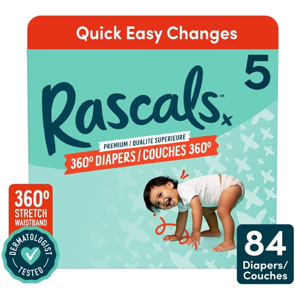 Rascals Premium 360 Diapers, Size 5, 84 Count