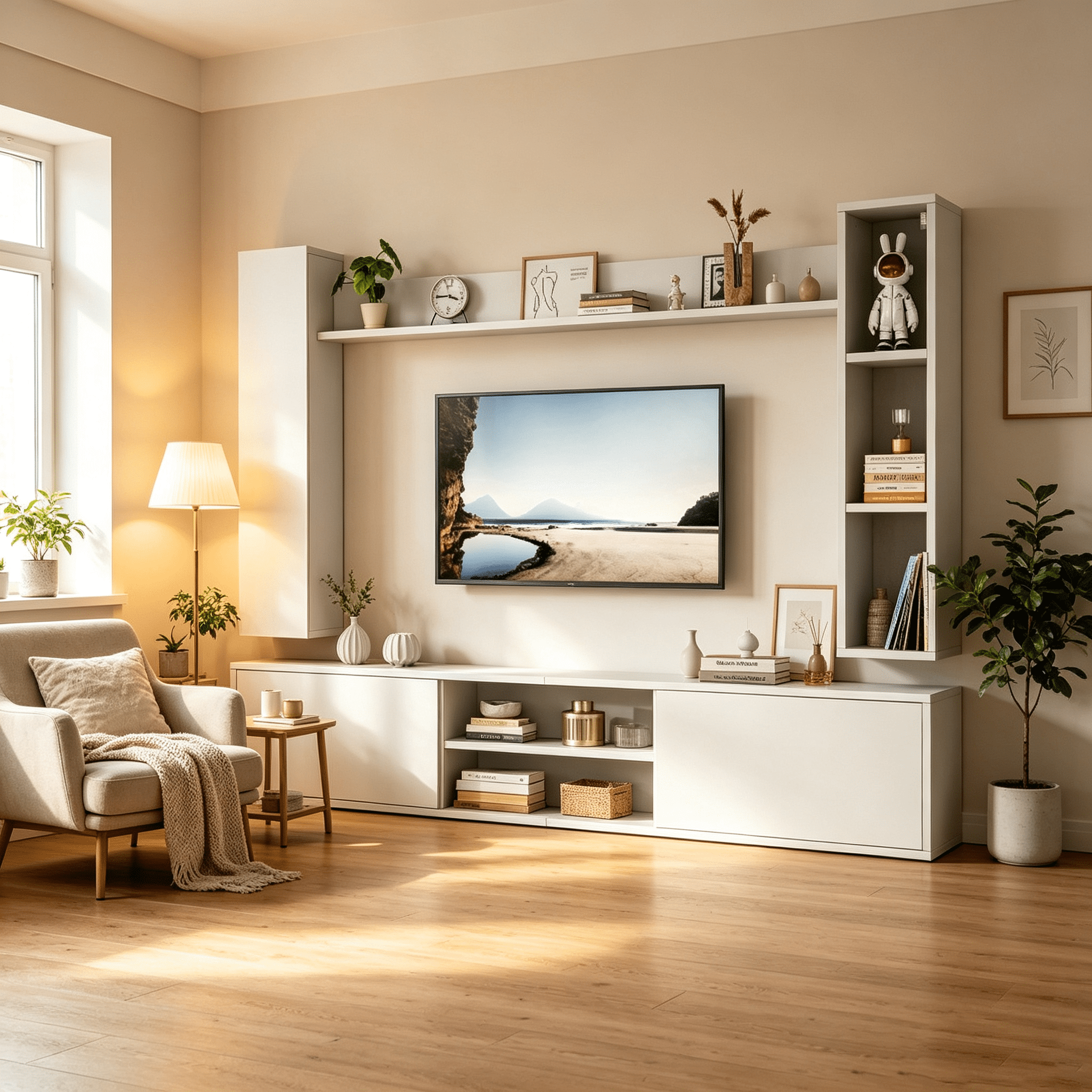 Homy Casa centre multimédia modulaire blanc avec console télé, 2 vitrines de rangement et tablette murale