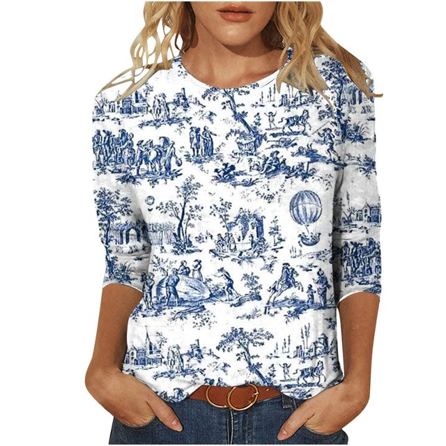 Pompotops T-shirt Ample Imprimé pour Femme Blouse à Manches 3/4 Col Rond Hauts Décontractés en Solde