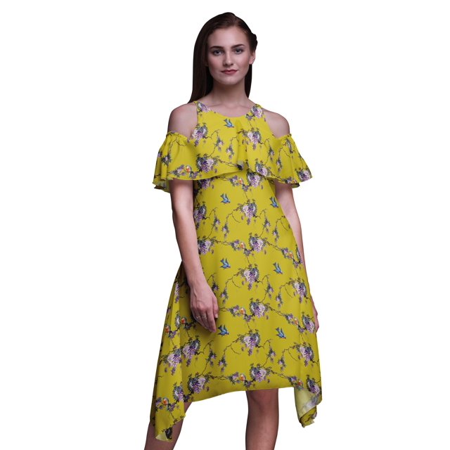 Bimba Robe Midi à Épaules Dénudées Imprimé Oiseau Jaune pour Femmes - TTG