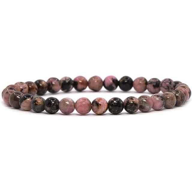 Bracelet Extensible en Perles Rondes de 6 mm avec Pierre Précieuse Rhodonite Matrice Naturelle 6,5 Po
