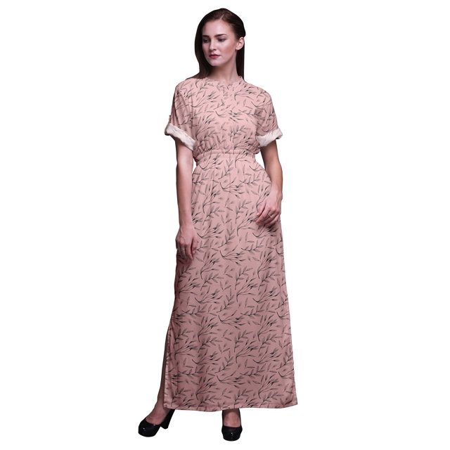 Bimba Robe Longue Imprimée en Rayonne à Feuilles de Cari, Taille Smockée, Fente Latérale, Robe pour Femme - Xxx-Grand