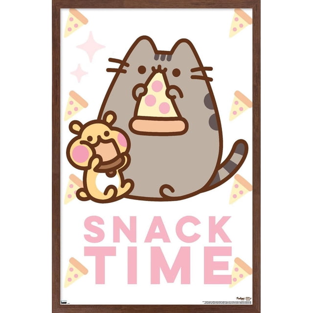 Pusheen - Snack Time Wall Poster, 14.725" x 22.375" framed, depicting a centered cartoon gray tabby cat holding a pepperoni pizza slice with a small yellow hamster beside it, surrounded by pizza slice illustrations and pink 'SNACK TIME' text on a white background, ideal for bedroom or office wall decor.