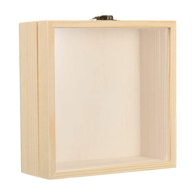 Unique Bargains 6x6 Wooden Shadow Box Display Case Memory Box with Glass Window, Natural Color. Front-facing 6 x 6 inch natural wood square frame with clear glass window, visible retro horn lock and hanging hooks on back; internal depth 1.4 inch, suitable for photos, medals and small keepsakes and often used as a compact wall-mounted keepsake display.