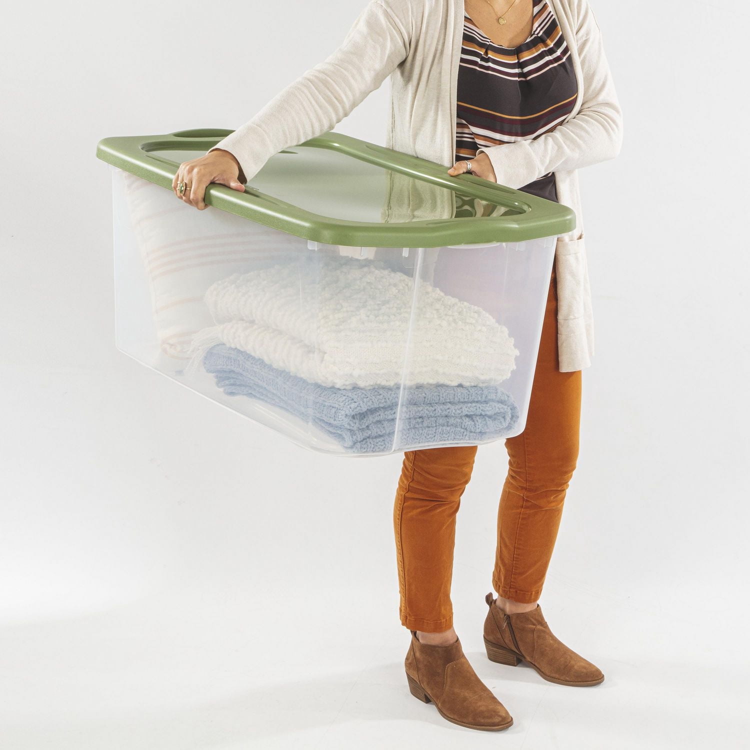 Sterilite 114 Liter EZ Carry, Extra Large Clear Plastic Storage Bin with Full-Grip Handles and Green Lid