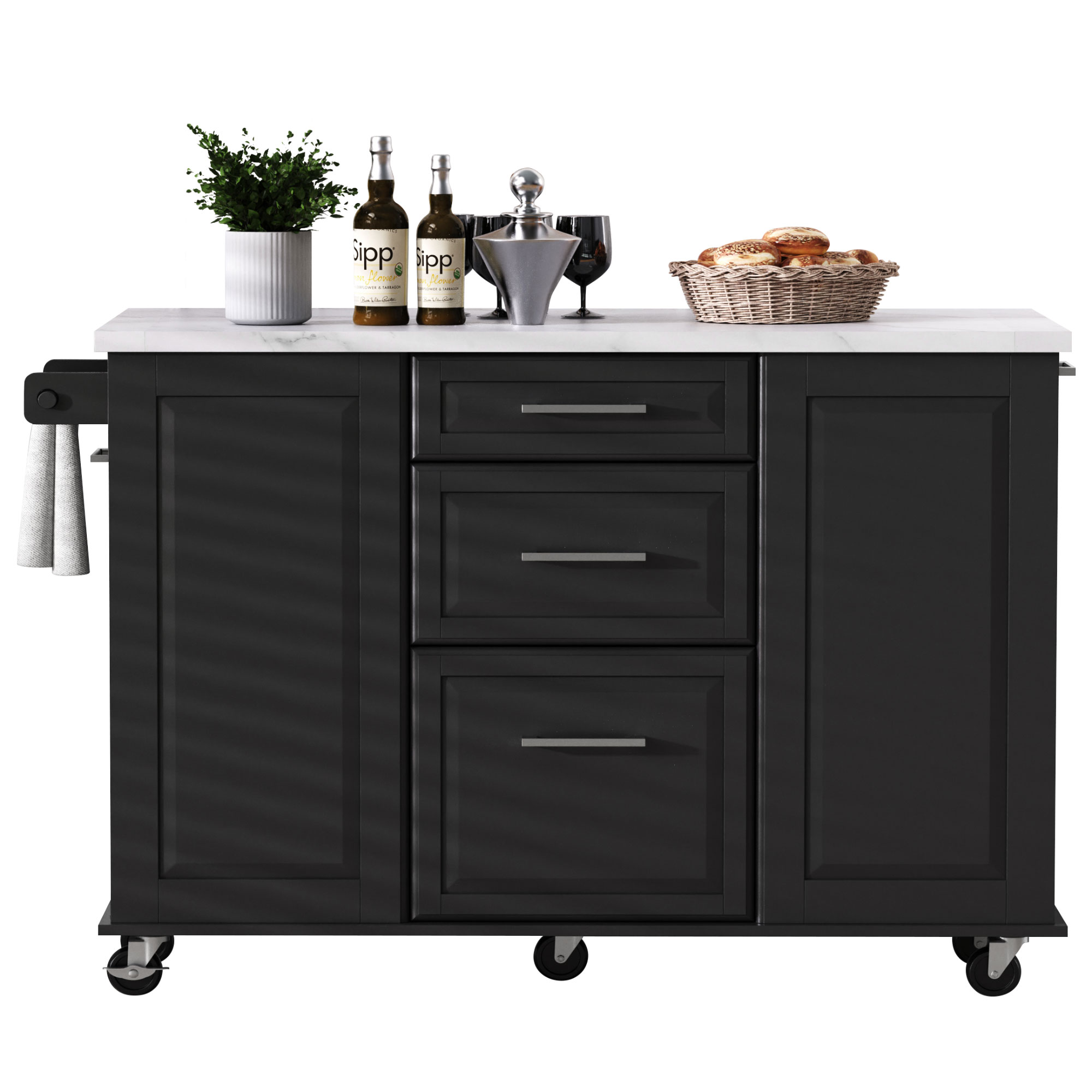 Homy Casa Îlot de cuisine roulant 50,7 po avec rangement, abattant, armoire basculante pour poubelle, organiseur coulissant, 2 tiroirs, noir