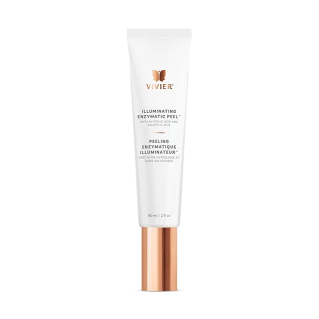 Vivier Illuminating Enzymatic Peel 60ml in a sleek white tube with a metallic copper cap. The product is designed for at-home use to exfoliate dead skin cells, enhance skin cell turnover, and hydrate for brighter, smoother skin. Formulated with glycolic acid, salicylic acid, tropical enzymes, retinol, vitamin C, and peptides, it refines the skin’s surface and reduces discoloration while calming and hydrating. The tube features the Vivier logo and product details in black text.