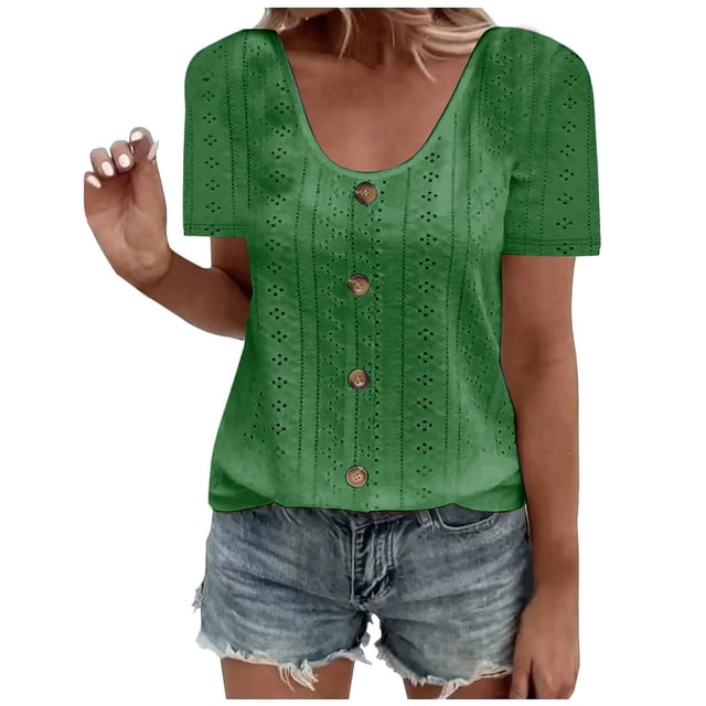 Plebaso Hauts d'Été pour Femmes Col Rond Manches Courtes T-Shirts Ajourés Décontractés Chemisiers à Boutons P-5TG