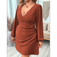 thumbnail image 4 of Large Size Women's Wrap V Neck Bodycon Mini Dress Puff Long Sleeve Ruched Brown XL, 4 of 9