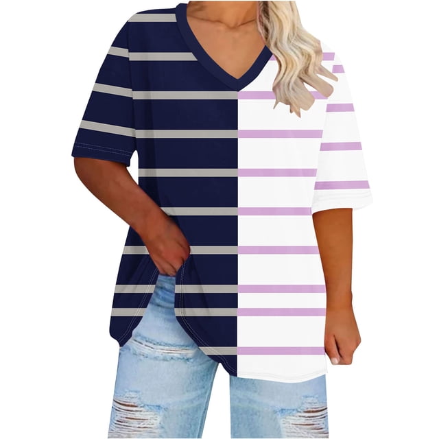 Plebaso Womens Plus Size V Neck T Shirts Short Sleeve Color Block Tee Summer Casual Loose Tops for Women