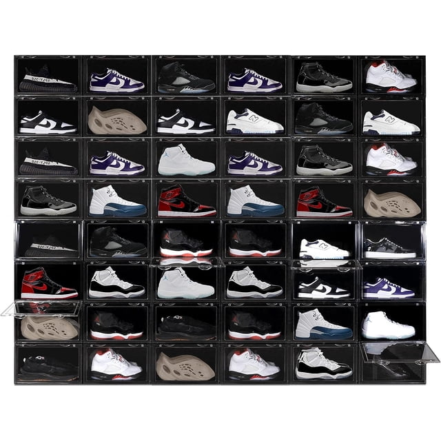 OLLIE XL Shoe Storage Boxes – Foldable and Stackable Shoe Storage Organizer for Closet – Clear HardFor Up to Size 13 – Acrylic Shoe Box Storage Containers for Jordan, Sneakers, Boots (48-Pack, Black)