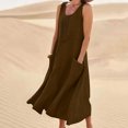 thumbnail image 2 of BiZtdJrK Robe Débardeur Bohème pour Femmes Été Sans Manches en Lin Robe de Plage Unie Col Ras du Cou Plissée Décontractée Robes d'Été avec Poches, Brun, P, 2 of 8