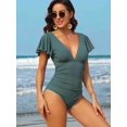 thumbnail image 3 of Charmo Womens Double V Neck Swimsuit Ruffled Shoulder One Piece Swimwear Tummy Control Bath Suit, 3 of 6