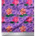 thumbnail image 1 of Soimoi Purple Polyester Crepe Fabric Leaves & Rose Flower Print Sewing Fabric BTY 52 Inch Wide, 1 of 3