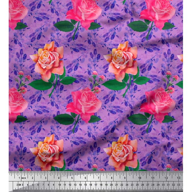 Soimoi Purple Polyester Crepe Fabric Leaves & Rose Flower Print Sewing Fabric BTY 52 Inch Wide