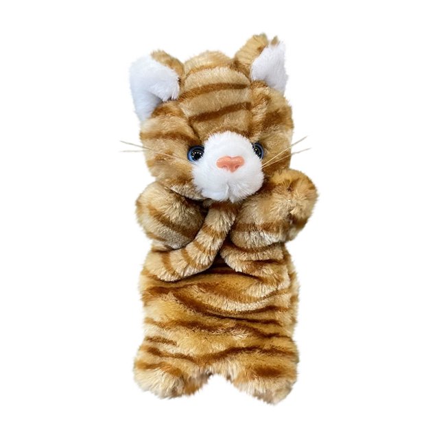 NAOJIE Plush Zoo Friends Hand Puppet, a 10-inch cat-themed animal puppet made of soft pp cotton with a striped orange and white design. Features a plump, tridimensional head and movable arms for imaginative play. Perfect for pretend play, storytime, classrooms, and performances. Suitable for children and adults.