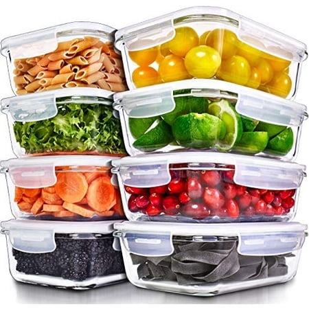 Prep Naturals Glass Meal Prep Containers with airtight lids, displayed in a stack of eight containers filled with foods like pasta, tomatoes, lettuce, limes, carrots, cranberries, blackberries, and pasta ribbons. These containers are designed for meal prep, food storage, and portion control.