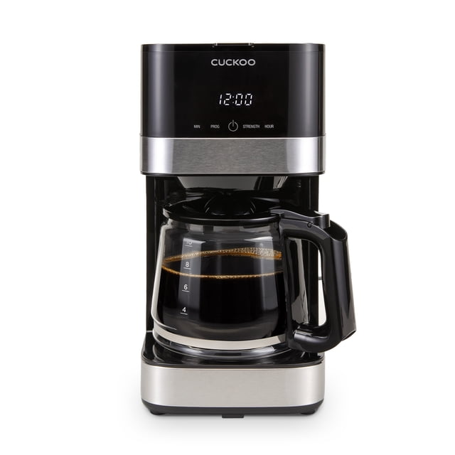 CUCKOO Classic Drip Coffee Maker 10 Cup (CCM-BD011B) with a sleek black and stainless steel finish, featuring a 10-cup glass carafe with measurement markings and an ergonomic handle. The coffee maker includes a user-friendly LED touchscreen, a 24-hour programmable timer, and a 2-hour warming function. Its compact design is ideal for small countertops, and the eco-friendly reusable filter ensures easy cleanup. Perfect for daily use or entertaining.