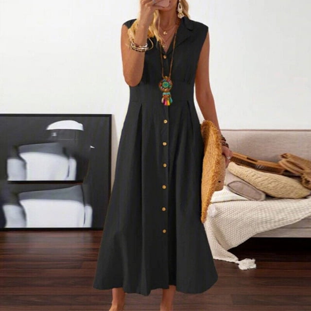 zanvin Robes d'Été, Mode Femmes Automne Uni Décontracté Col Rabattu Sans Manches Vacances Robe à Boutons