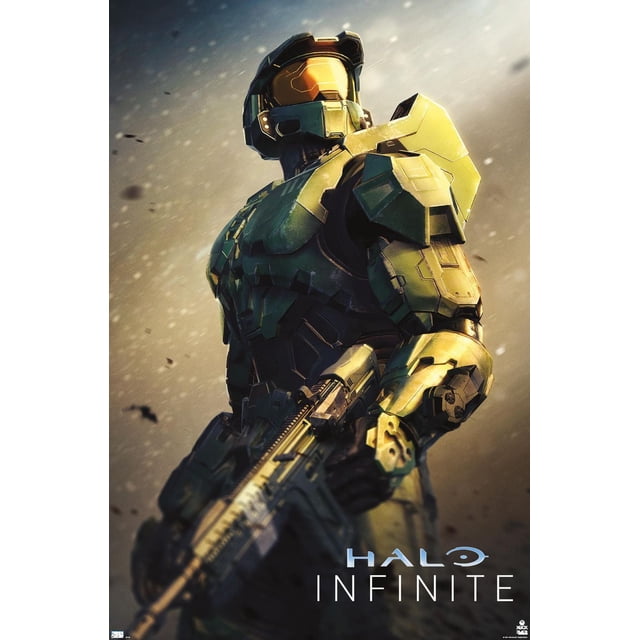 Halo Infinite - Become Wall Poster, 22.375" x 34" framed showing Master Chief in green and gold armor holding a rifle against a blurred dusty background with the Halo Infinite logo, suitable for gaming or entertainment room wall decor.
